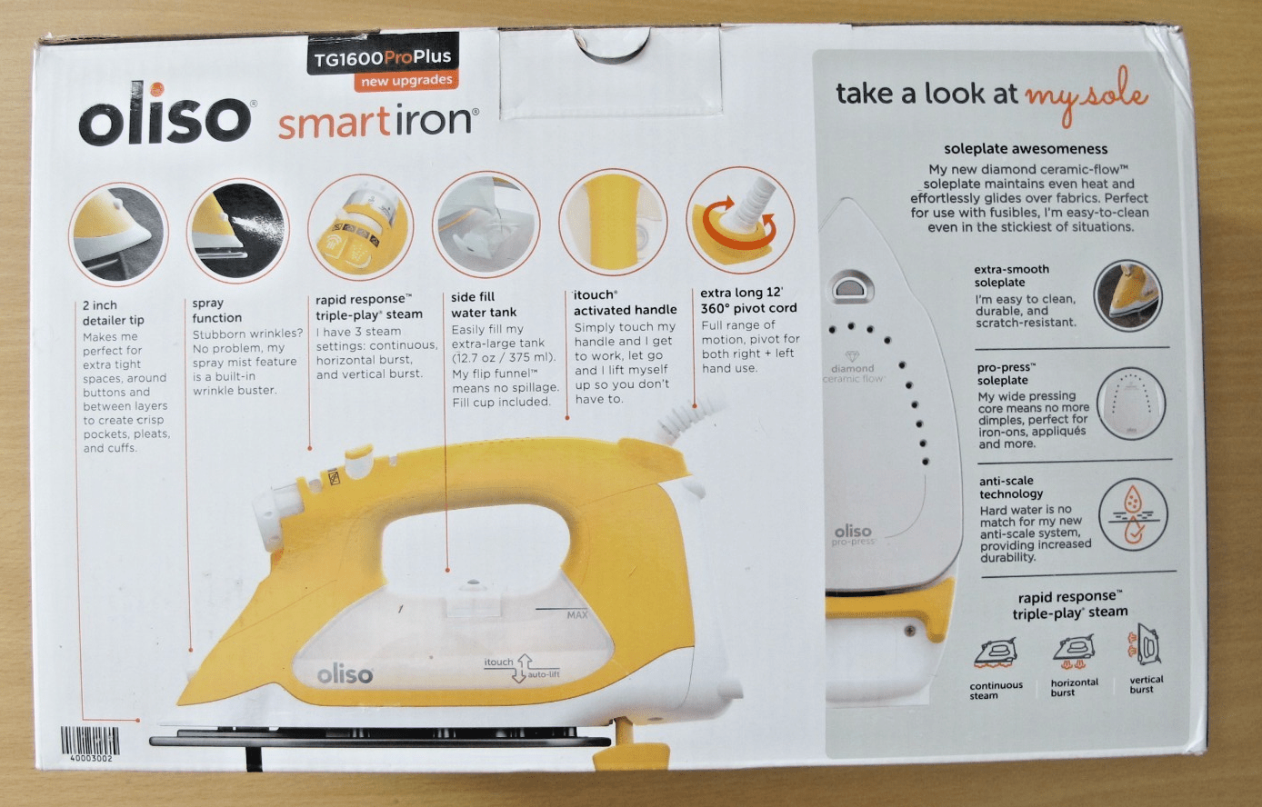 Oliso TG1600 Pro Plus 1800 Watt Auto Lift SmartIron 1800W iTouch Yellow Open - MagsTag