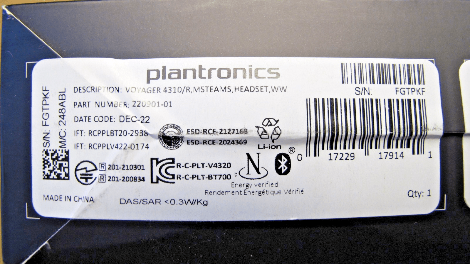 Plantronics 4310 UC USB Wireless Bluetooth Single Ear Headset PC Mac Mobile Mint - MagsTag