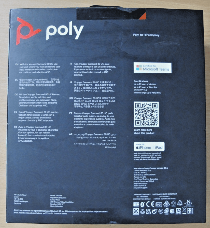 Poly Voyager Surround 80 UC USB - C Headset +USBC/A Adapter 8G7T9AA Open Box - MagsTag