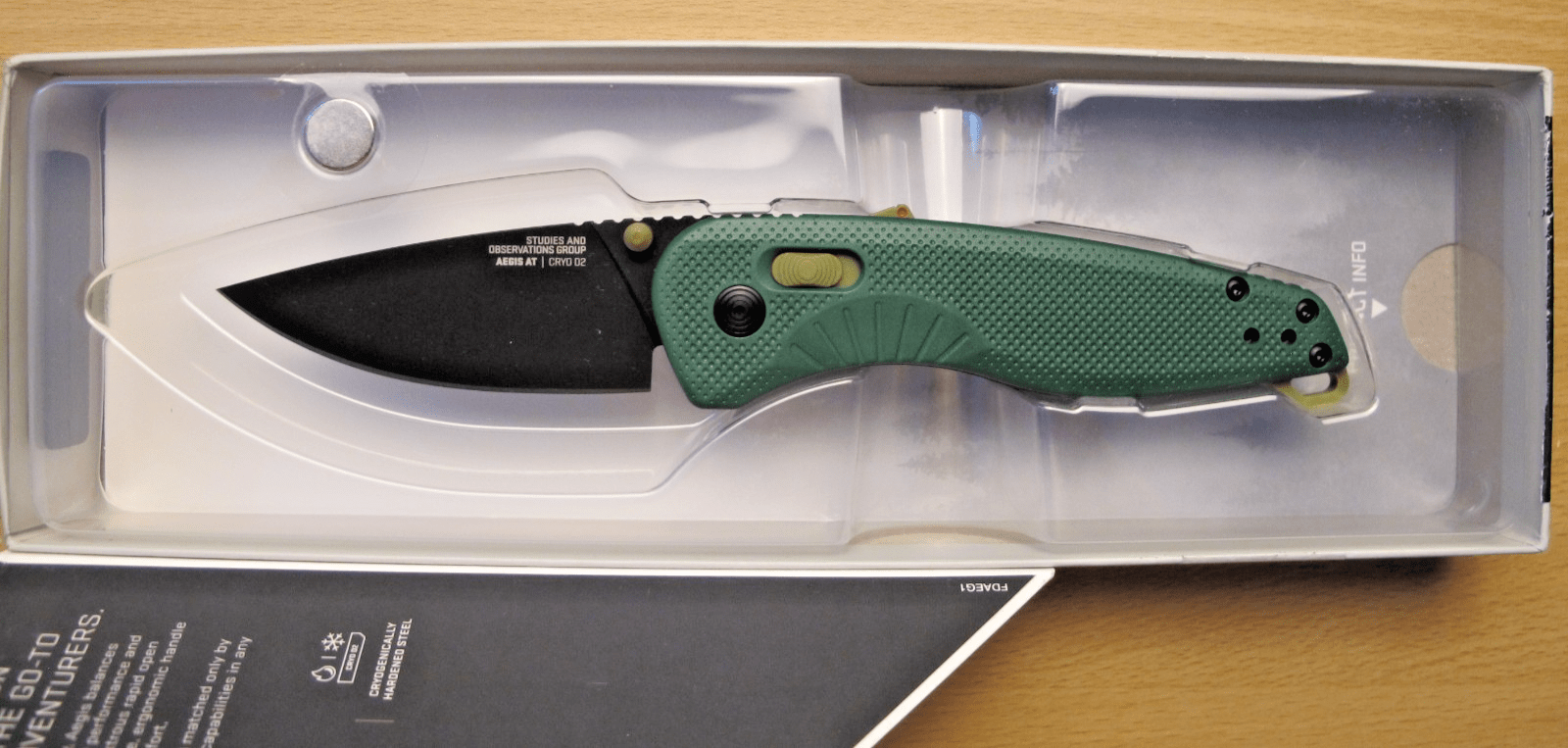 SOG Aegis AT Forest & Moss 3.13" Drop Point Blade CRYO D2 NEW Open Box - MagsTag