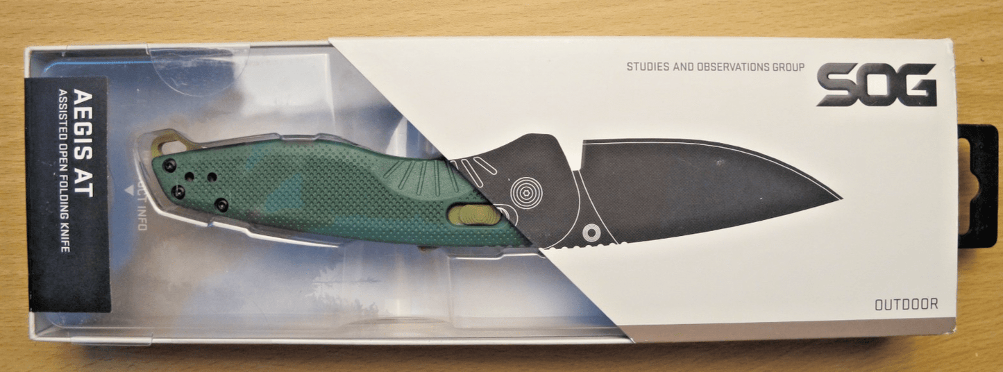 SOG Aegis AT Forest & Moss 3.13" Drop Point Blade CRYO D2 NEW Open Box - MagsTag